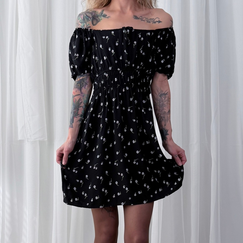 Passport Black Floral Babydoll Mini Dress Boho Small - Picture 3 of 6